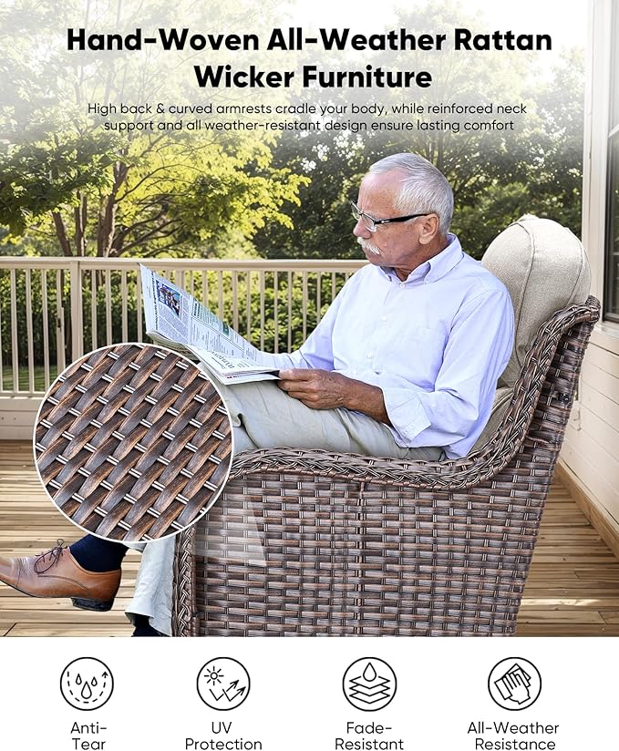 HUMMUH Wicker Patio Furniture Set with Patio Swivel Chairs Set of 4 and 50,000 BTU Fire Pit Table,6 Inch Thick Cushions High Back Outdoor Swivel Rocker Chairs Set for Porch, Balcony, Deck