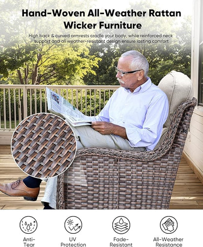 HUMMUH 6 inch Thick Cushion Wicker Patio Furniture Set with Outdoor Swivel Rocker Patio Chairs,High Back Outdoor Couch and Coffee Table for Porch Garden Deck