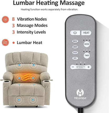 MCombo Power Lift Recliner Chair for Elderly, Lift Chair with Heat and Massage, Extra Wide Lift Recliner for Big People, Fabric R7096 (Medium-Wide, Beige)