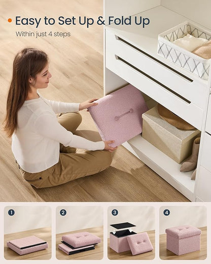 SONGMICS Small Folding Storage Ottoman, Foot Rest Stool, 12.2 x 16.1 x 12.2 Inches, Ottoman with Storage, Load up to 286 lb, for Living Room, Bedroom, Dorm, Jelly Pink ULSF094R01
