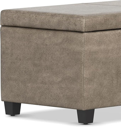 SIMPLIHOME Avalon Storage Ottoman Bench - 48 inch Wide Upholstered Vegan Leather Rectangular Lift-Top Ottoman in Distressed Smoky Grey Brown, Transitional Bench for Living Room with High-Density Foam