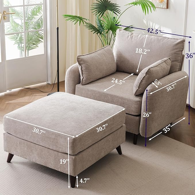 Oversized Accent Chair with Ottoman,All Seats Storage,Comfy Armchair,24.5'' Deep Seat,Upholstered Living Room Chairs,Reading Chair,Lounge Chair for Bedroom,Office,Chenille,Khaki