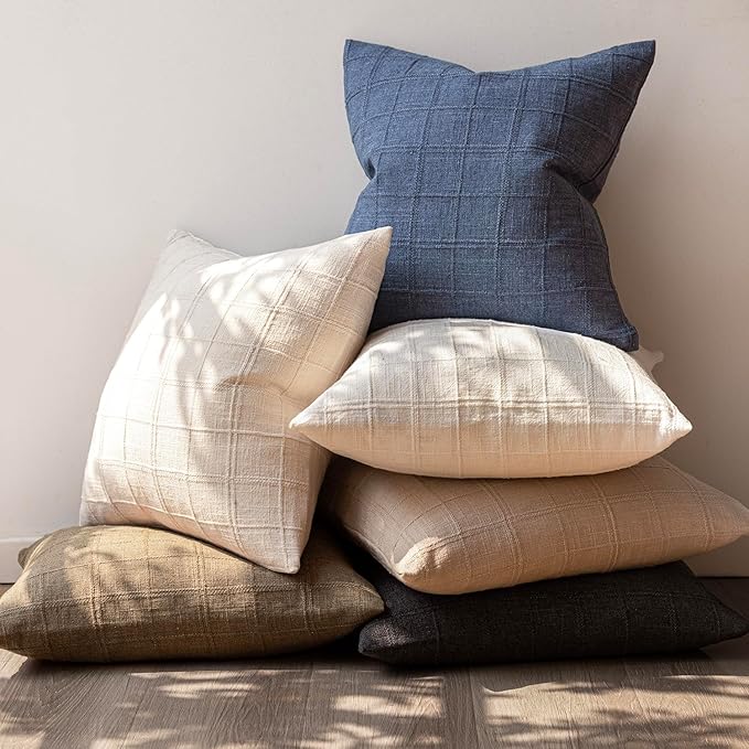 Foindtower Set of 2 Decorative Linen Check Throw Pillow Covers Neutral Farmhouse Vintage Cushion Covers Modern Boho Home Decor for Sofa Chair Couch Bedroom Living Room,20×20 Inch,Charcoal