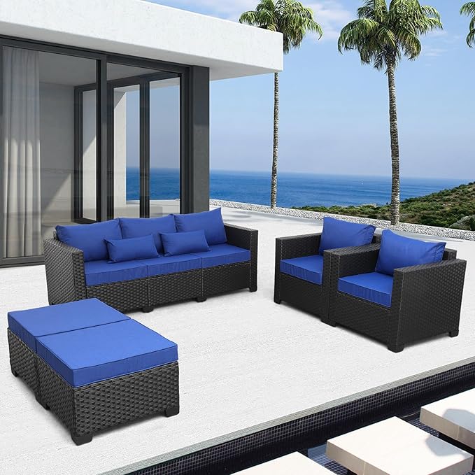 Rattaner Outdoor Wicker Furniture Couch Set 5 Pieces Patio Furniture Sectional Sofa with Royal Blue Cushions and Waterproof Covers