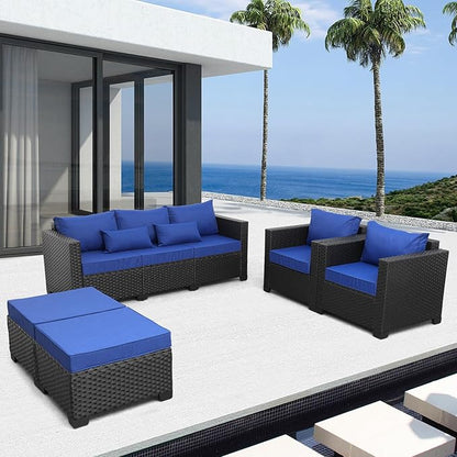 Rattaner Outdoor Wicker Furniture Couch Set 5 Pieces Patio Furniture Sectional Sofa with Royal Blue Cushions and Waterproof Covers