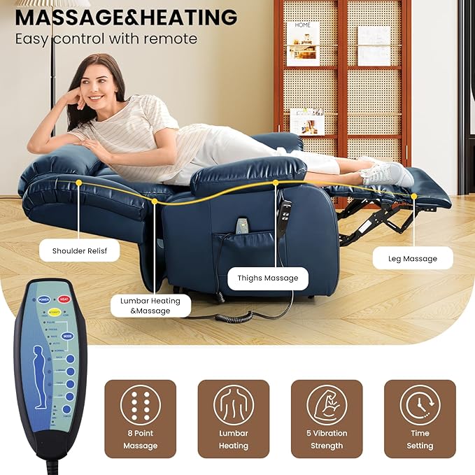 TEKAMON Power Lift Recliner Chair for Elderly with Heat & Massage, Dual Motor Breathable Leather Recliner, Lay Flat Sleeping Chairs with Infinite Position, RemoteControl(Deep Blue, Extended)