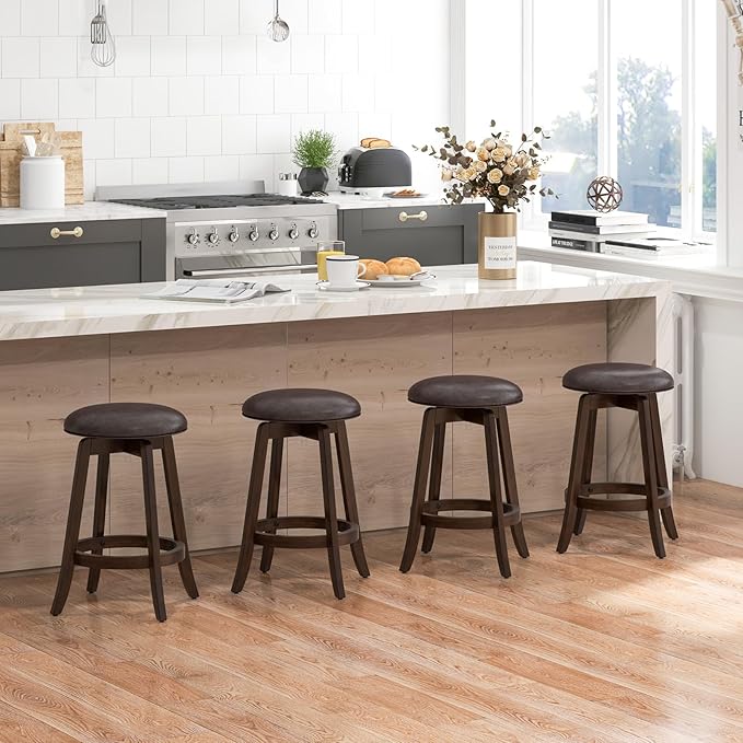 COSTWAY 24-Inch Swivel Bar Stools Set of 2, Upholstered Barstools w/PU Leather Seat & Solid Rubber Wood Legs, Mid-Century Backless Round Counter Height Stools w/Footrest for Kitchen Home Bar