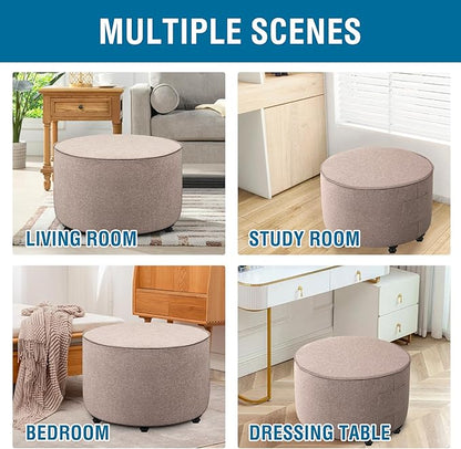 H.VERSAILTEX Round Ottoman Cover Thick Linen Look Ottoman Slipcover Round Ottoman Storage Cover Folding Stool Covers Furniture Protector Cover for Footrest Ottoman Fit Dia 24" - 26", Heather Taupe