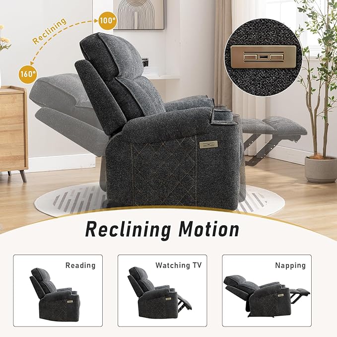 Electric Recliner Chair, Soft Fabric Power Recliners with Metal Cup Holders, Single Overstuffed Heavy Duty Reclining Sofa Chairs for Living Room Bedroom, Dark Grey