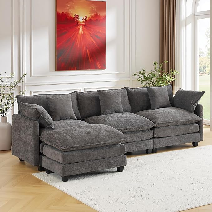 111.4" L-Shaped Cloud Chenille Sectional with Reversible Chaise, Flexible 3+1 Layout for Large Spaces, Deep Seat and Free Pillows Included