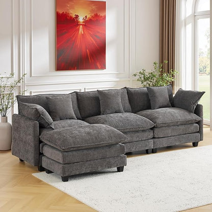 111.4" L-Shaped Cloud Chenille Sectional with Reversible Chaise, Flexible 3+1 Layout for Large Spaces, Deep Seat and Free Pillows Included