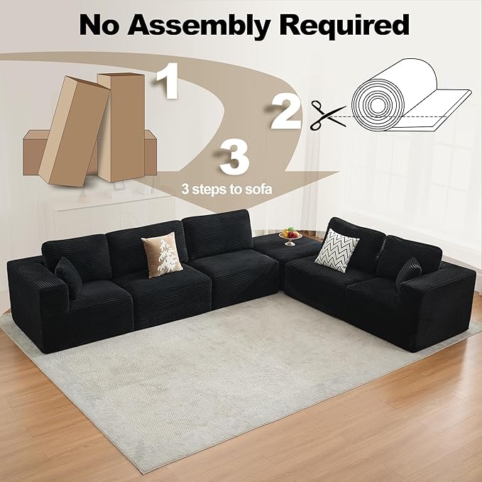 Cloud Modular Sectional Sofa Couch,L-Shape Modern Boneless Sectional Couch with Deep Seat,Upholstered Couches for Living Room Bedroom,No Assembly Required,Black