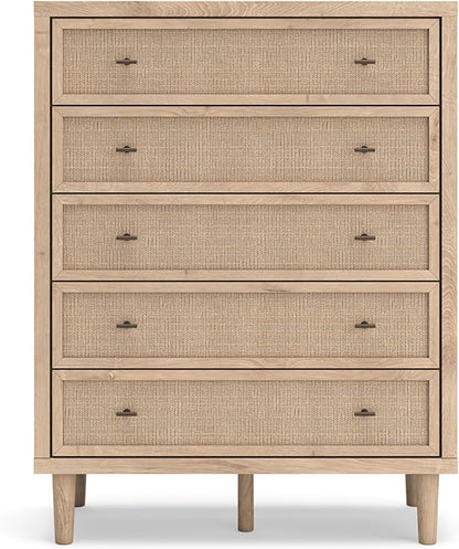 Signature Design by Ashley Cielden Contemporary Chest of Drawers with Textured Cane Details and 5 Drawers, Bronze Knobs, Wood, 52.48" High, Light Brown