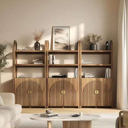 BELLEZE Book Shelf 72" Tall Arched Bookcase with Storage, 5 Tier Mid Century Modern Fluted Bookshelf with Doors, Modular Bookshelves for Living Room Office Library, Set of 3 (Caramel Brown)