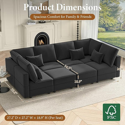 Vesgantti Sectional Sleeper Sofas with Storage, 118" Sofa Bed with 8 Seats Storage Chaises Removeble Cover, Deep Seat Modular Couches Velvet Couch Set for Living Room, Apartment, Home Theatre, Black
