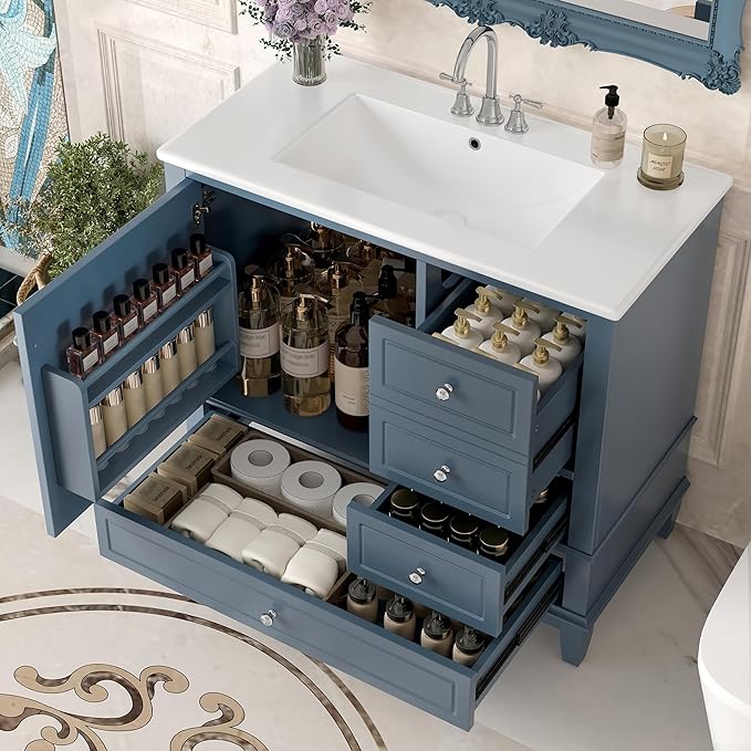 36 Inch Bathroom Vanity with Sink Set, Undermount Vanity Sink Cabinet with 3 Drawers and Door Storage, Soft Closing Door, Wood Frame, Blue Gray