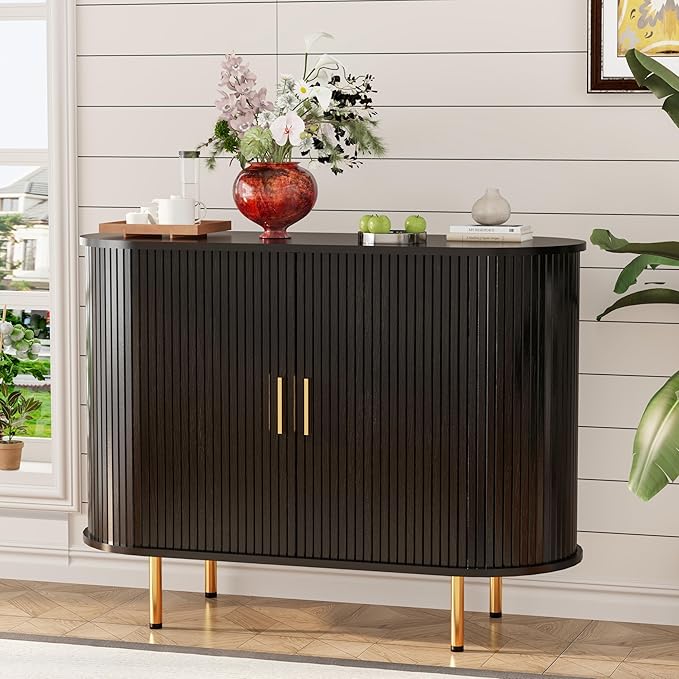 DHH Storage Cabinet, Fluted Sideboard Buffet Cabinet with Tambour Sliding Doors& Adjustable Shelf, Accent Coffee Bar Console Table for Kitchen, Living Room, Entryway (Black, 40 Inch)