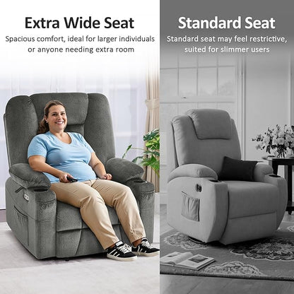 MCombo Oversized Power Lift Recliner Chair with Massage and Heat for Big and Tall Elderly People, Cup Holders, USB Ports, Side Pockets, Fabric R7541 (Grey, Large-Oversize)