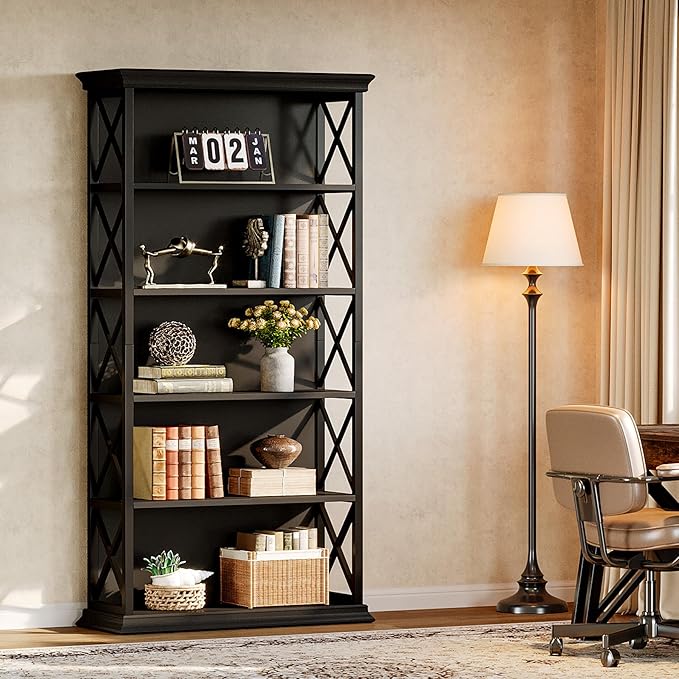 Tribesigns 71-Inch Tall Bookcase, 5-Tier Industrial Metal Bookshelf, Large Etagere Bookcases and Bookshelves, Freestanding Display Shelves for Living Room, Bedroom, Black (Set of 2)