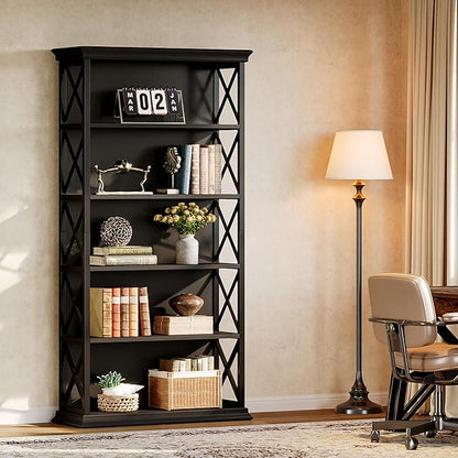 Tribesigns 71-Inch Tall Bookcase, 5-Tier Industrial Metal Bookshelf, Large Etagere Bookcases and Bookshelves, Freestanding Display Shelves for Living Room, Bedroom, Black (Set of 2)