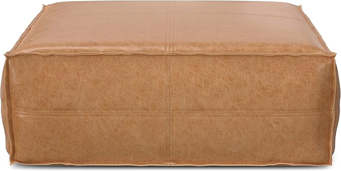 SIMPLIHOME Brody 36-inch Wide Extra Large Square Coffee Table Pouf in Distressed Brown Vegan Faux Leather, Boho-Style Ottoman, Footrest, or Extra Seating for Living Room, Assembled