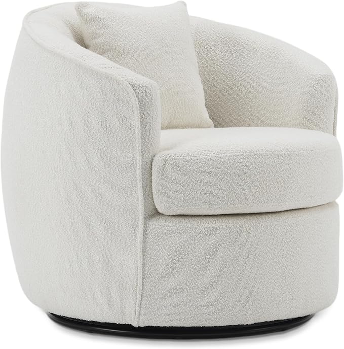 Swivel Accent Chair, Modern Upholstered Boucle Barrel Arm Chairs with Pillow for Living Room, 360 Degree Round Swivel Sherpa Armchair with Round Base for Bedroom Club (1, Cream)