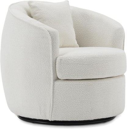 Swivel Accent Chair, Modern Upholstered Boucle Barrel Arm Chairs with Pillow for Living Room, 360 Degree Round Swivel Sherpa Armchair with Round Base for Bedroom Club (1, Cream)