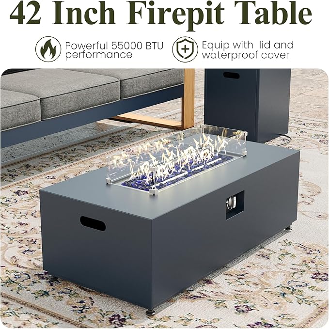 LayinSun 4 Pieces Aluminum Patio Furniture Set with Fire Pit Table, Oversized Seat with Hight Back, Outdoor Conversation Sets for Porch, Balcony, Deck