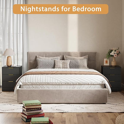 3-Piece Modern Bedroom Furniture Set, Wide 8-Drawer Dresser & 3-Drawer Nightstands Set of 2, Natural Wood Dresser and Nightstand Sets for Bedroom, Hallway, Black