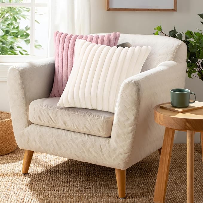 Pallene Faux Fur Plush Christmas Throw Pillow Covers 20x20 Set of 2, Luxury Soft Fluffy Striped Decorative Pillow Covers for Sofa, Couch, Living Room, Cream White