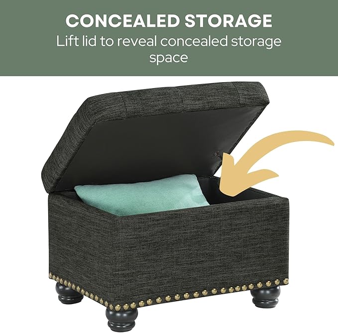 Convenience Concepts Designs4Comfort 5th Avenue Upholstered Storage Ottoman 24" - Contemporary Foot Stool and Seat with Hinged Lid for Living Room, Dining Room, Office, Den, Dark Charcoal Gray Fabric