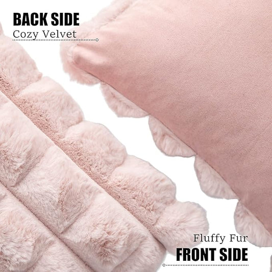 Neelvin Pink Faux Fur Cozy Soft Plaid Decorative Throw Pillow Covers 24x24 inch Set of 2,Velvet Pillowcase Cushion Case for Sofa Couch