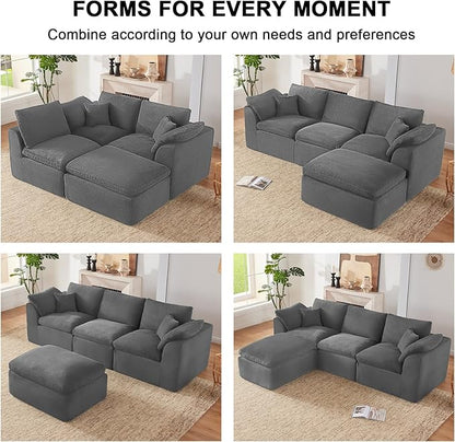 112" Cloud Sectional Couch, Boneless Couches for Living Room, L Shaped Couch with Convertible Ottoman, Modular Sectional Sofa with Deep Seat, Comfy Soft Cushions, No Assembly, Gray
