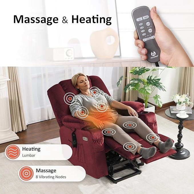 MCombo Small Power Lift Recliner Chair with Massage and Heat for Petite People, Cup Holders, USB Ports, Side Pockets, Fabric 7569 (Small-Regular, Burgundy)