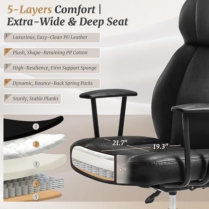 High Back Office Desk Chair, Breathable Ergonomic Leather Chair with 5-Layer Seat Cushion with 135°Reclining Lumbar Support Adjustable Height Rolling Swivel Executive Armrests Chair, Black