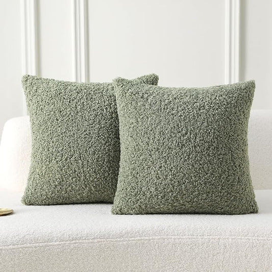 FUTEI Sage Green Throw Pillow Covers 26x26 Inch Set of 2,Furry Faux Fur Teddy Boucle Textured Cushion Covers,Soft Fluffy Decorative Euro Pillow Shams,Home Decor for Couch Bed Living Room Office Car