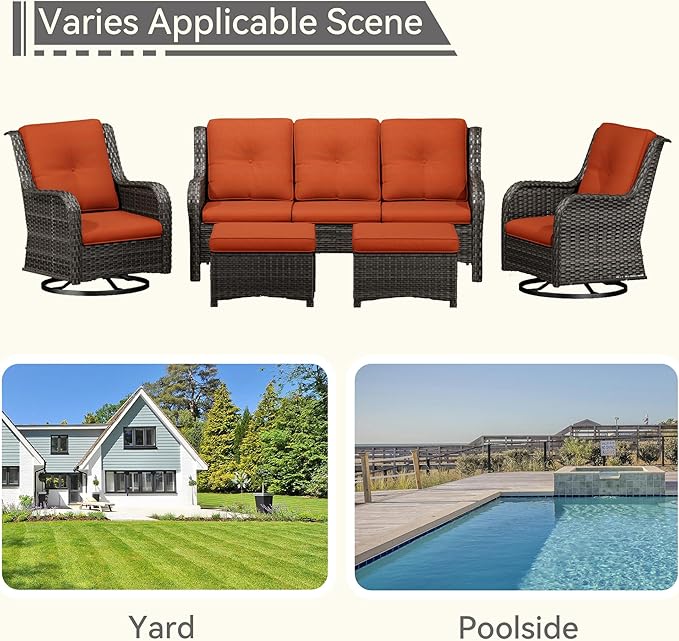 5 Pieces Outdoor Patio Furniture Set - Conversation Set Includes Wicker Swivel Rocker Chairs Set of 2, 2 Ottoman, 3-Seat Sofa, Suitable for Porch, Yard, Mixed Brown Rattan, Orange
