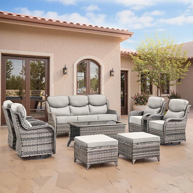 Swivel Patio Chairs Sofa Set of 4 with 6" Thick Cushion - Wicker Outdoor Swivel Rocker Patio Chair with Side Table, High Back Comfortable Outdoor Glider Chairs - Grey Wicker | Beige Cushions