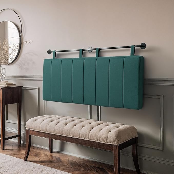 UEV King Headboard Only, Wall Mounted Hanging Upholstered Bed Head Board, Modern Vertical Channel Design of Fine Linen, Elegant Light Yellow Fluted Headboard for Bedroom (Dark Green, King Size)