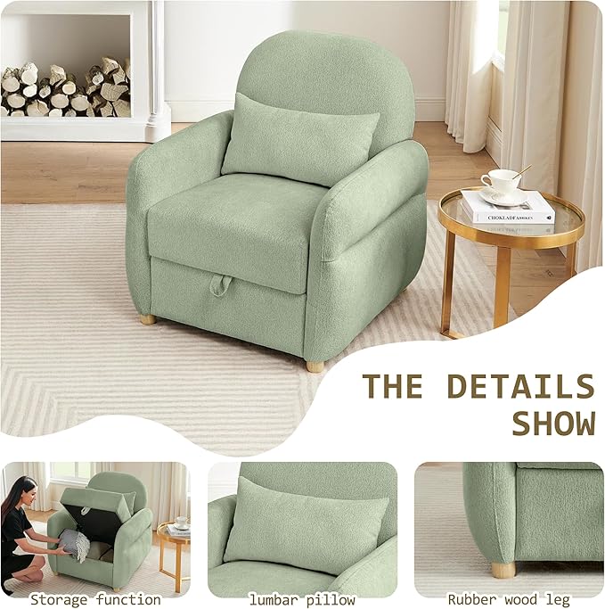 33.5" Mordern Accent Chairs,Reading Chair with Storage,Single Sofa in Chenille Fabric for Living Room, Bedroom and Compact Spaces. (Green)