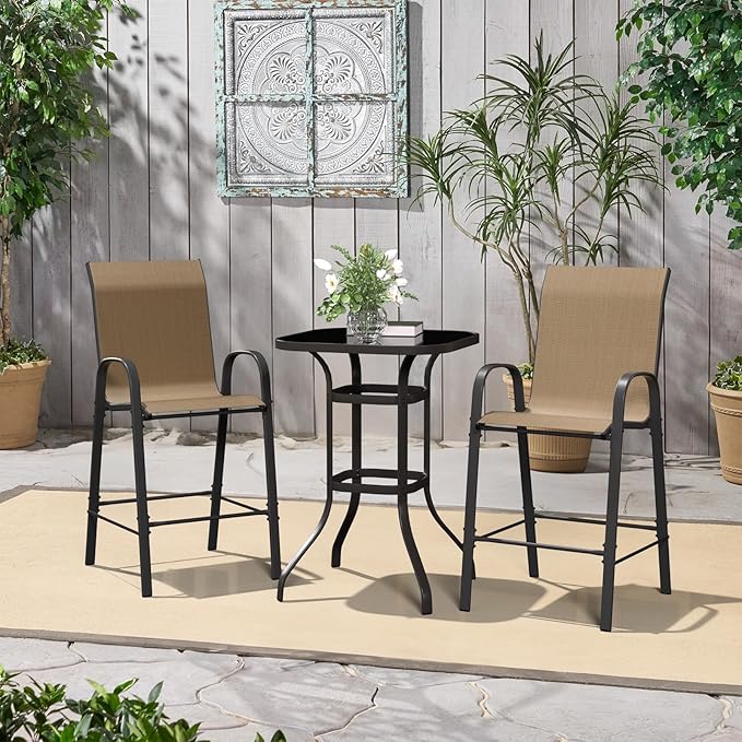Amopatio Outdoor Bar Stools Set of 2,Comfortable High Back Patio Bar Chairs,All-Weather Sturdy Bar Height Outdoor Chairs for Porch, Backyard, Brown
