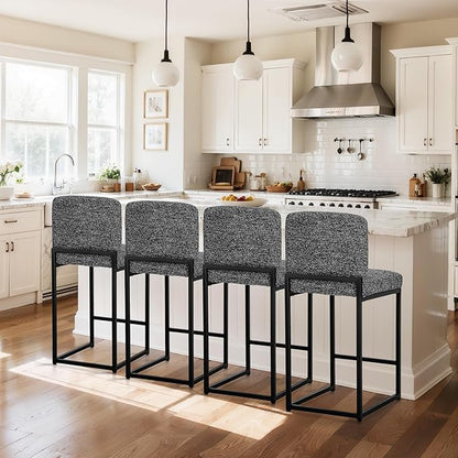 ALPHA HOME 24" Bar Stools Set of 2 Kitchen Counter Stools with Back, Counter Height Stools with Upholstered Footrest for Kitchen Island, Metal Steel Frame, Chenille, Black