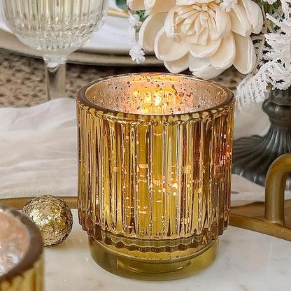Kate Aspen Gold Votive Candle Holders - Vintage Ribbed Glass Candle Holder Set of 6 - Mercury Glass Tealight Holders for Christmas Table Decor, Holiday Centerpieces, Fall Thanksgiving Tablescape