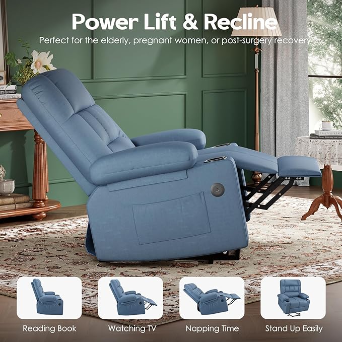 Soohow Oversized Power Lift Recliner Chair with Massage and Heat for Elderly Big and Tall, Large Fabric Recliner Wide Electric Recliner Chair with USB Ports, Cup Holders, Side Pockets