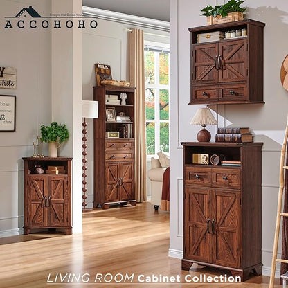 ACCOHOHO 72" Tall Bathroom Storage Cabinet, Farmhouse Storage Cabinet with Adjustable Shelves, Barn Door & 2 Drawers, Cabinet for Bathroom, Living Room & Kitchen, Brown