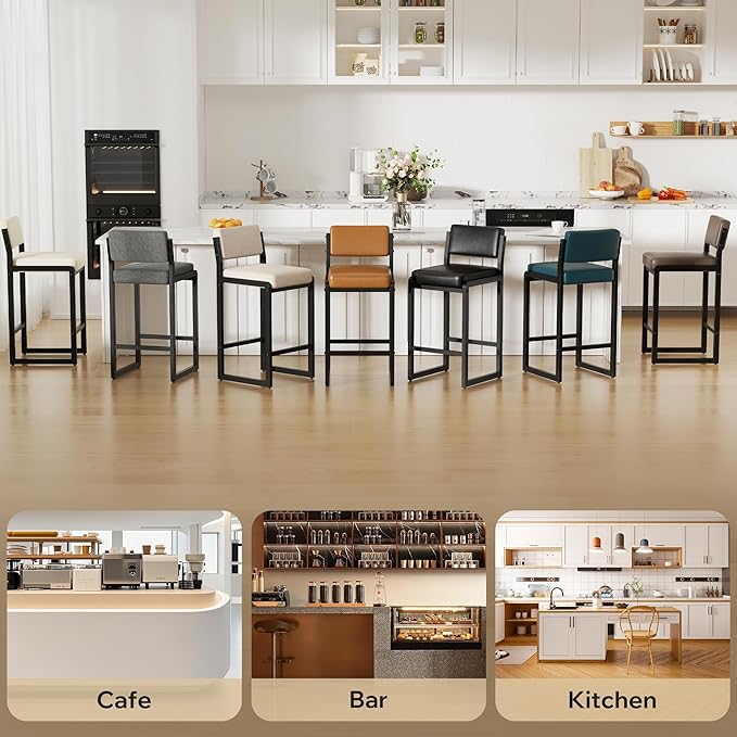 Bar Stools Set of 5, Faux Leather Counter Height Bar Stools with High Back and Metal Legs, Upholstered Bar Chairs, 26" Modern Barstools for Kitchen Island, Caramel