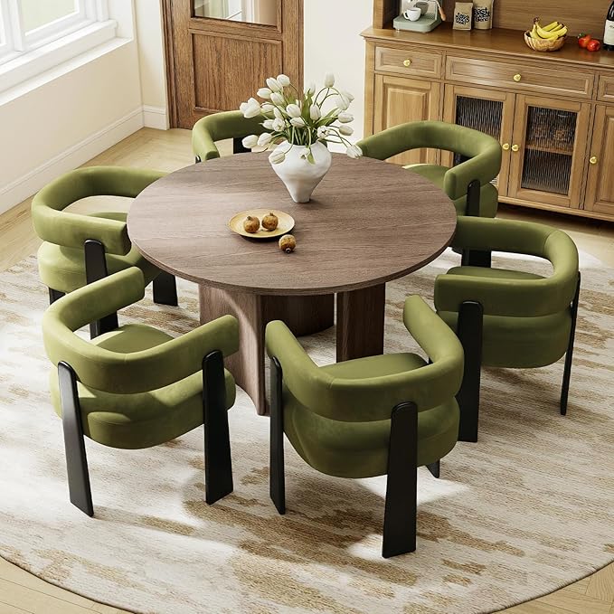 Modern Dining Chairs Set of 2, Upholstered Velvet Barrel Accent Chairs with Backrest & Arms, Wide and Thicker Padded Kitchen Side Chair with Wooden Legs for Dining Room, Livingroom, Dark Green