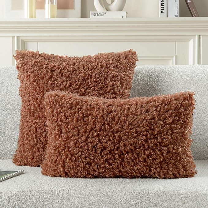 FUTEI Rust Decorative Throw Pillow Covers 22x22 Inch Set of 2,Soft Fluffy Faux Wool Fur Boucle Textured Cushion Case,Modern Home Decor for Couch Bed Living Room Office