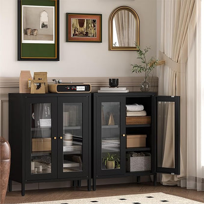 Metal Bathroom Cabinet with Glass Doors,Bathroom Floor Storage Cabinet with 2 Adjustable Shelves & 2 Doors, Sideboard for Small Spaces, Living Room, Dining Room, Home Office