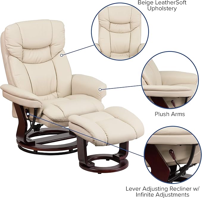 Flash Furniture Allie LeatherSoft Upholstered Recliner with Ottoman Footrest, Padded Swiveling Recliner Chair and Ottoman Set, Beige